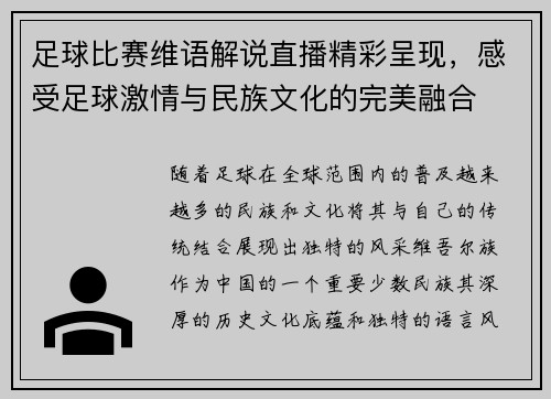 足球比赛维语解说直播精彩呈现，感受足球激情与民族文化的完美融合